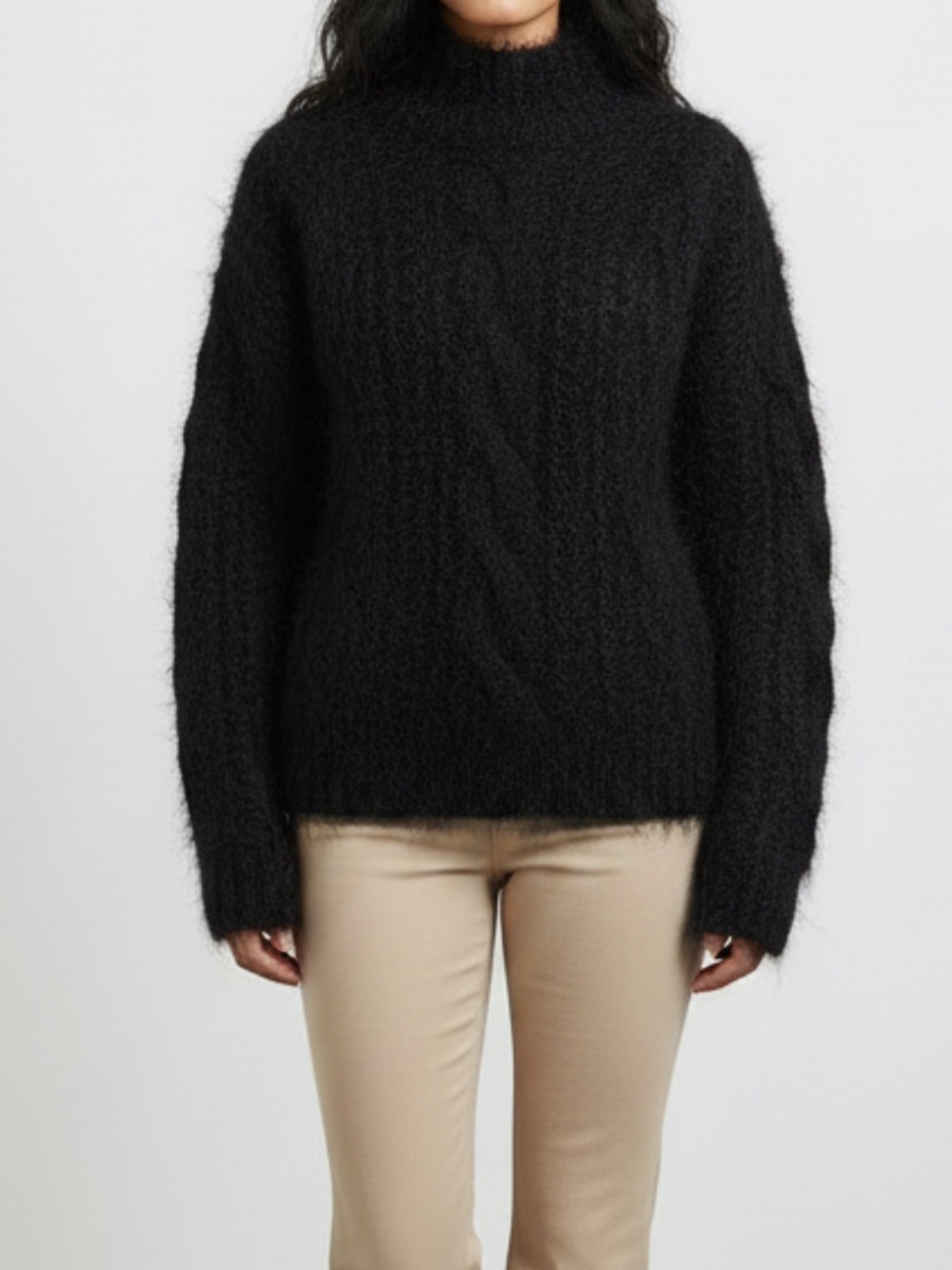 Vintage Angora Rabbit and wool blend vintage Black cable knit mock Sweater